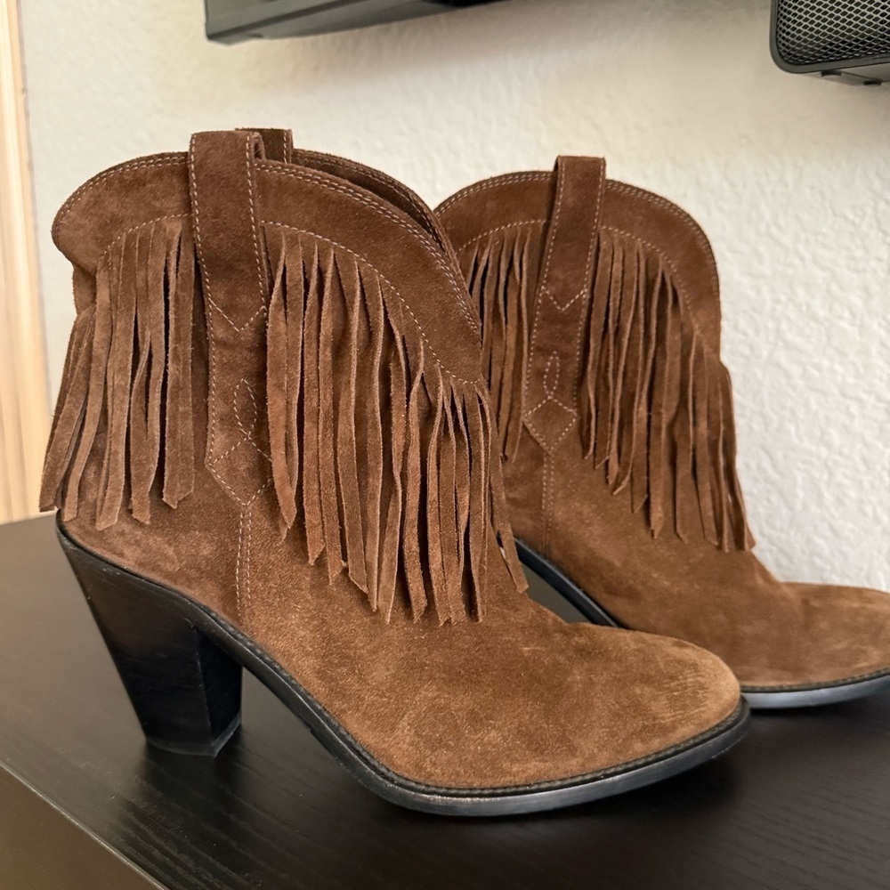 Saint Laurent Brown Fringe Suede Heeled Boots